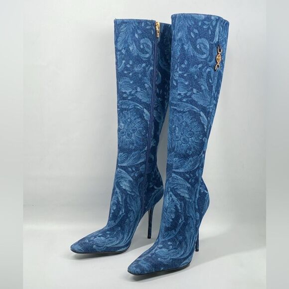 Versace T.110 110MM Floral Denim Pointed Boots size 38 - Picture 7 of 16